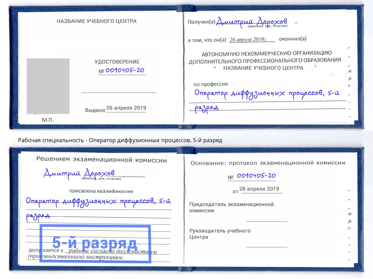 корочка 5-й разряд Оператор диффузионных процессов Слободской
