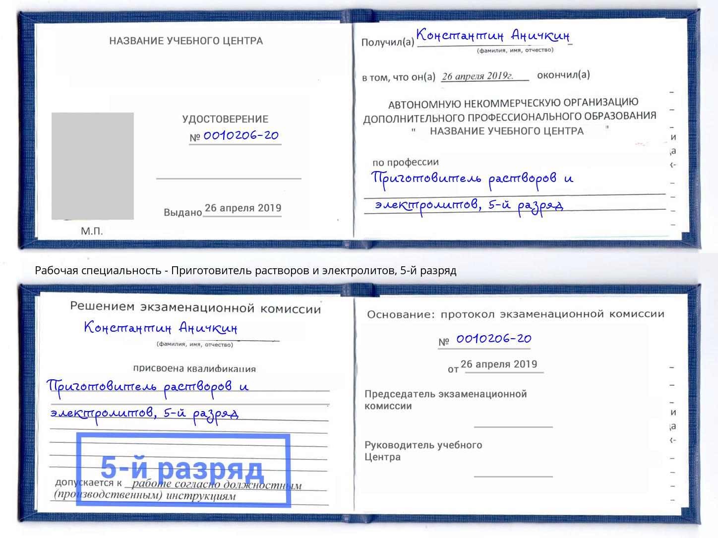 корочка 5-й разряд Приготовитель растворов и электролитов Слободской