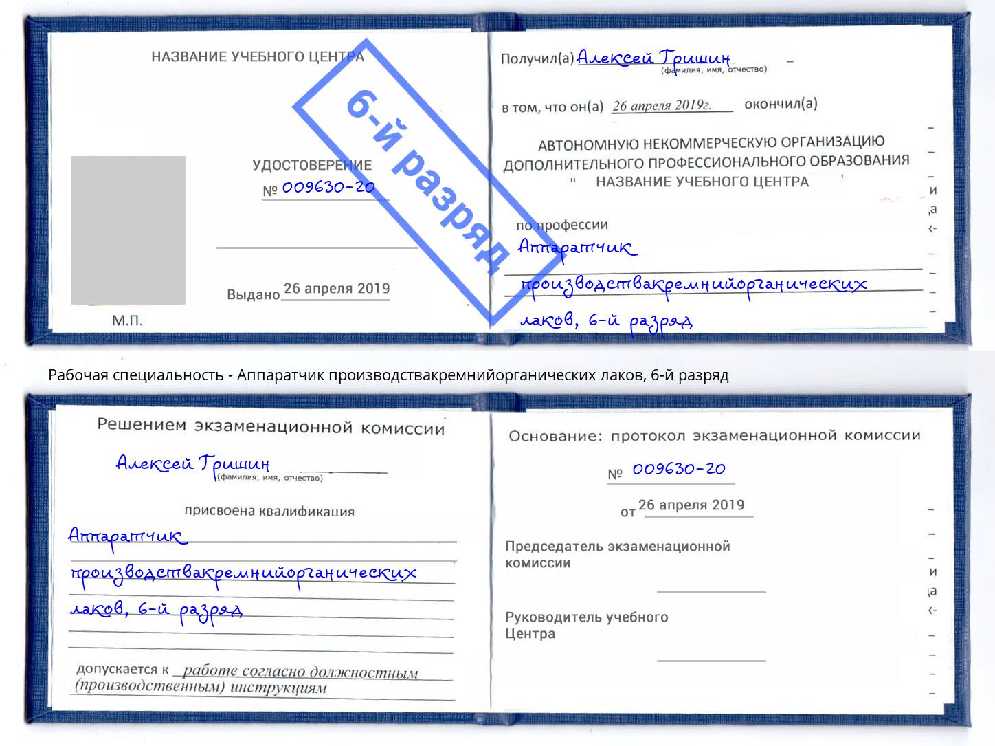 корочка 6-й разряд Аппаратчик производствакремнийорганических лаков Слободской