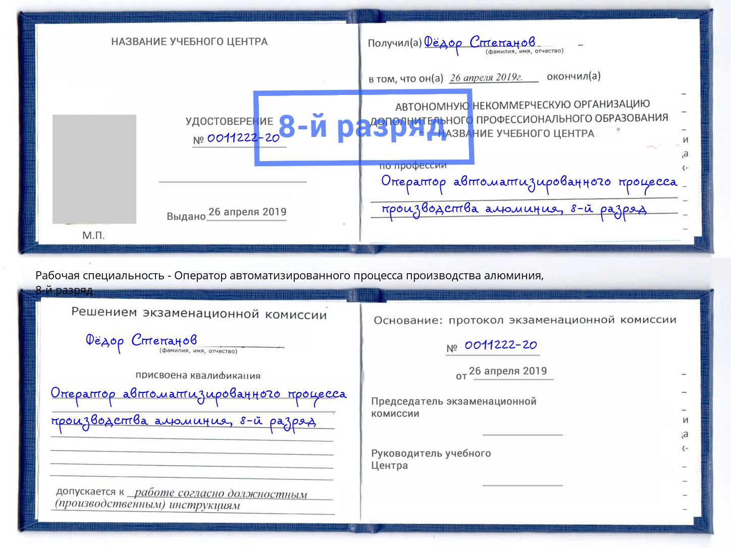 корочка 8-й разряд Оператор автоматизированного процесса производства алюминия Слободской