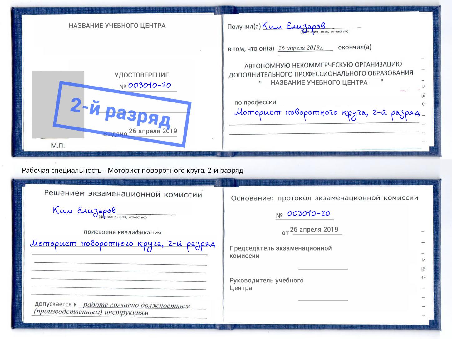 корочка 2-й разряд Моторист поворотного круга Слободской