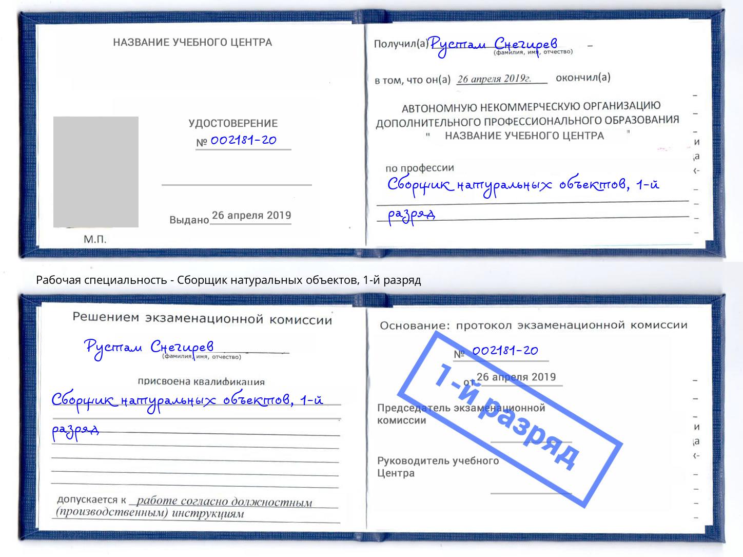 корочка 1-й разряд Сборщик натуральных объектов Слободской