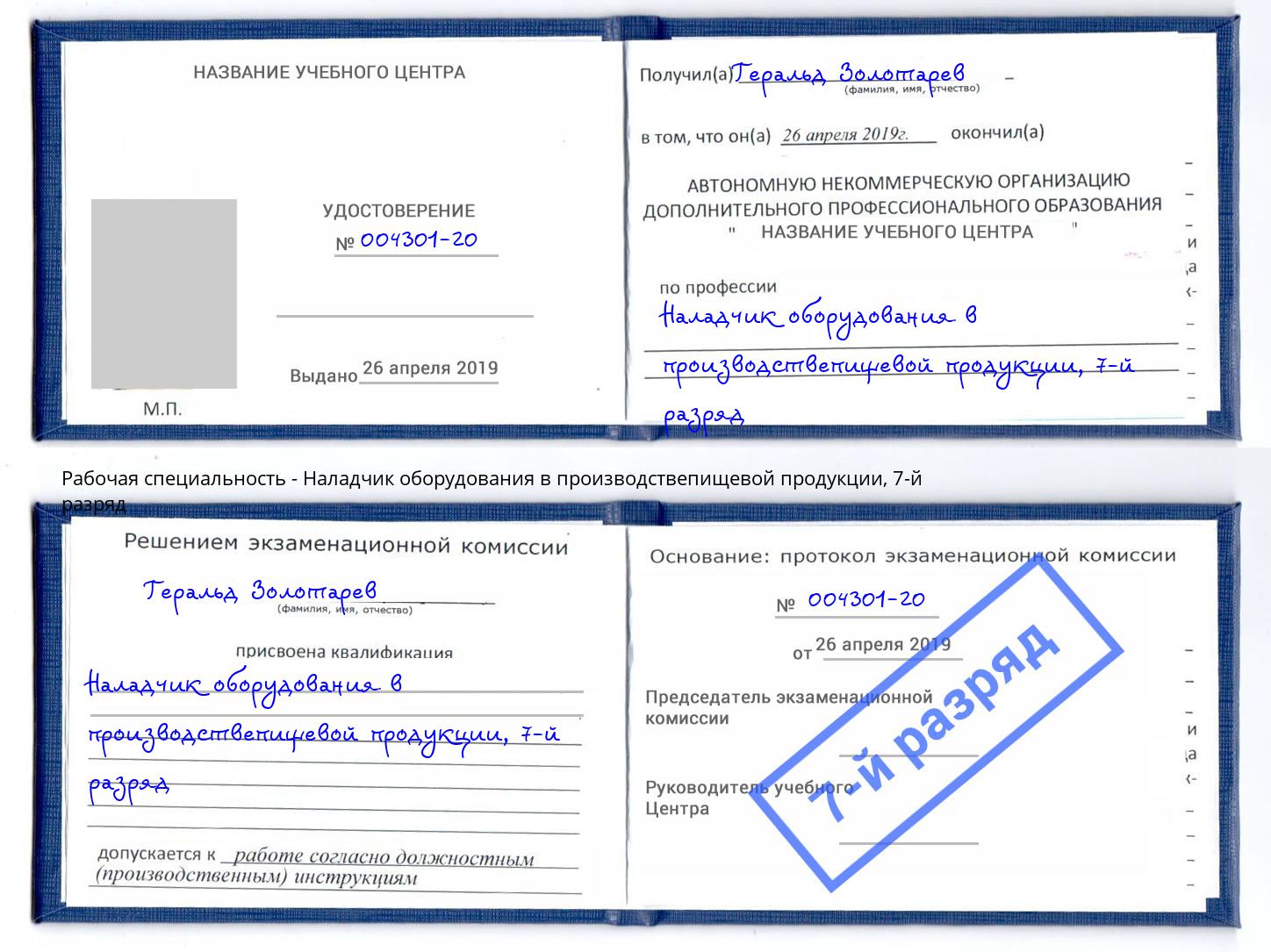 корочка 7-й разряд Наладчик оборудования в производствепищевой продукции Слободской